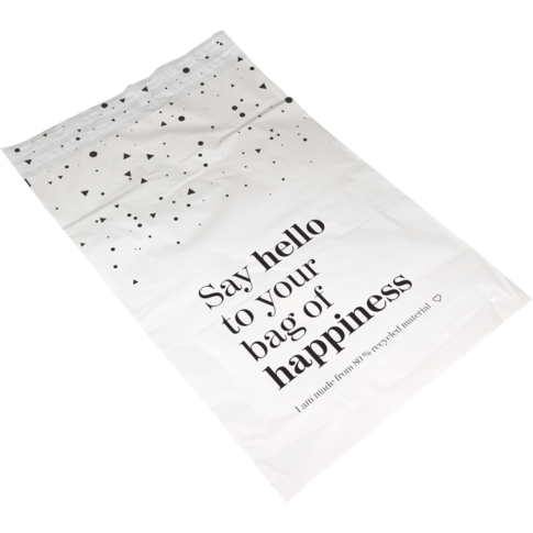 Zak, Verzendzak, Gerecycled LDPE, 36x54cm, 65my, Bag of Happiness, wit/zwart
