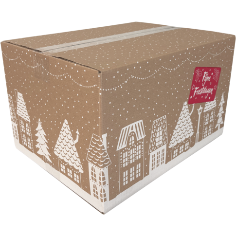 Kerstpakketdoos, Huisjes, golfkarton, 39x29x23cm, Kerstmis, c,